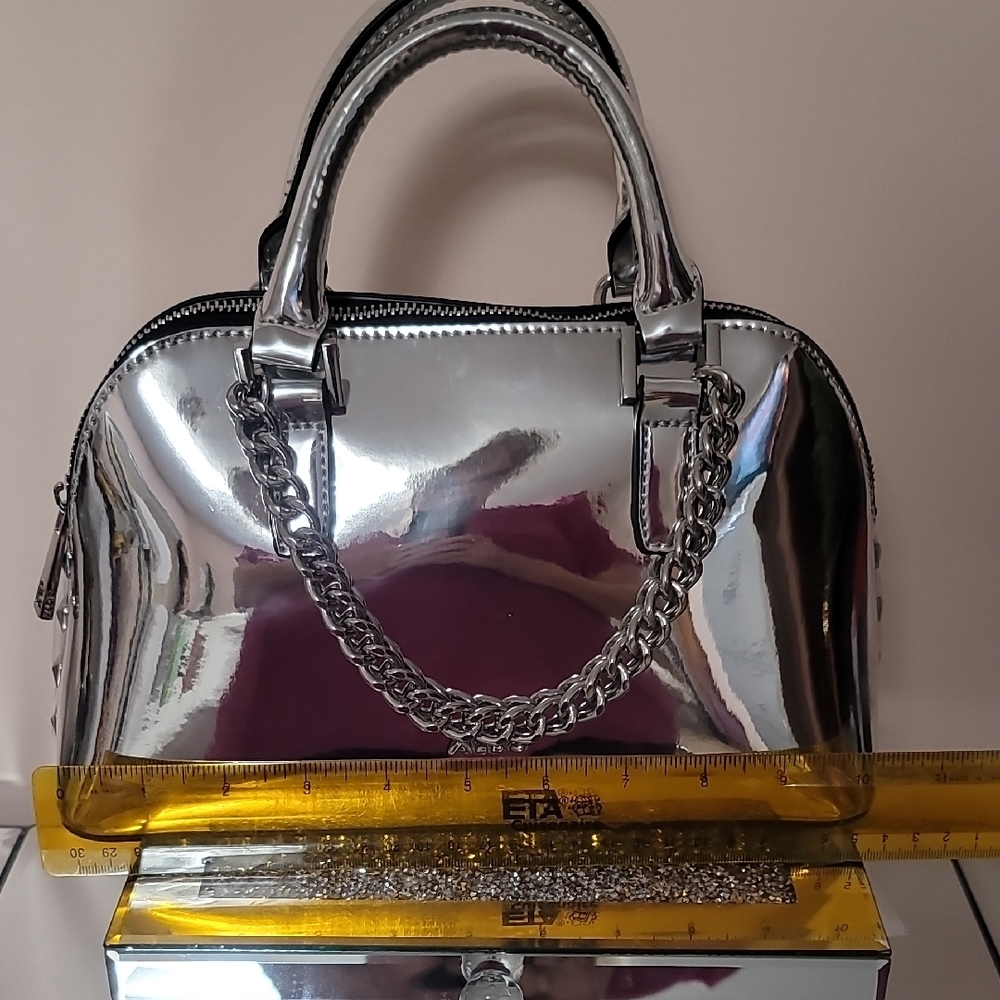 Aldo Shiny Silver Mirror-Effect Chain Handle Crossbody Bag - Picture 10 of 12